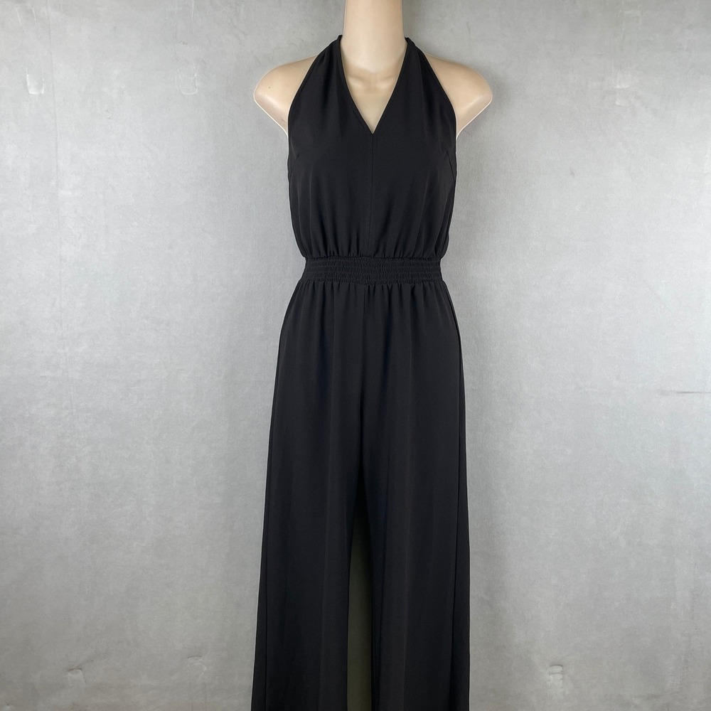 Supply & Demand Black Halter Jumpsuit‎ V-Neck Smocked Waist Wide Leg XS USA Made